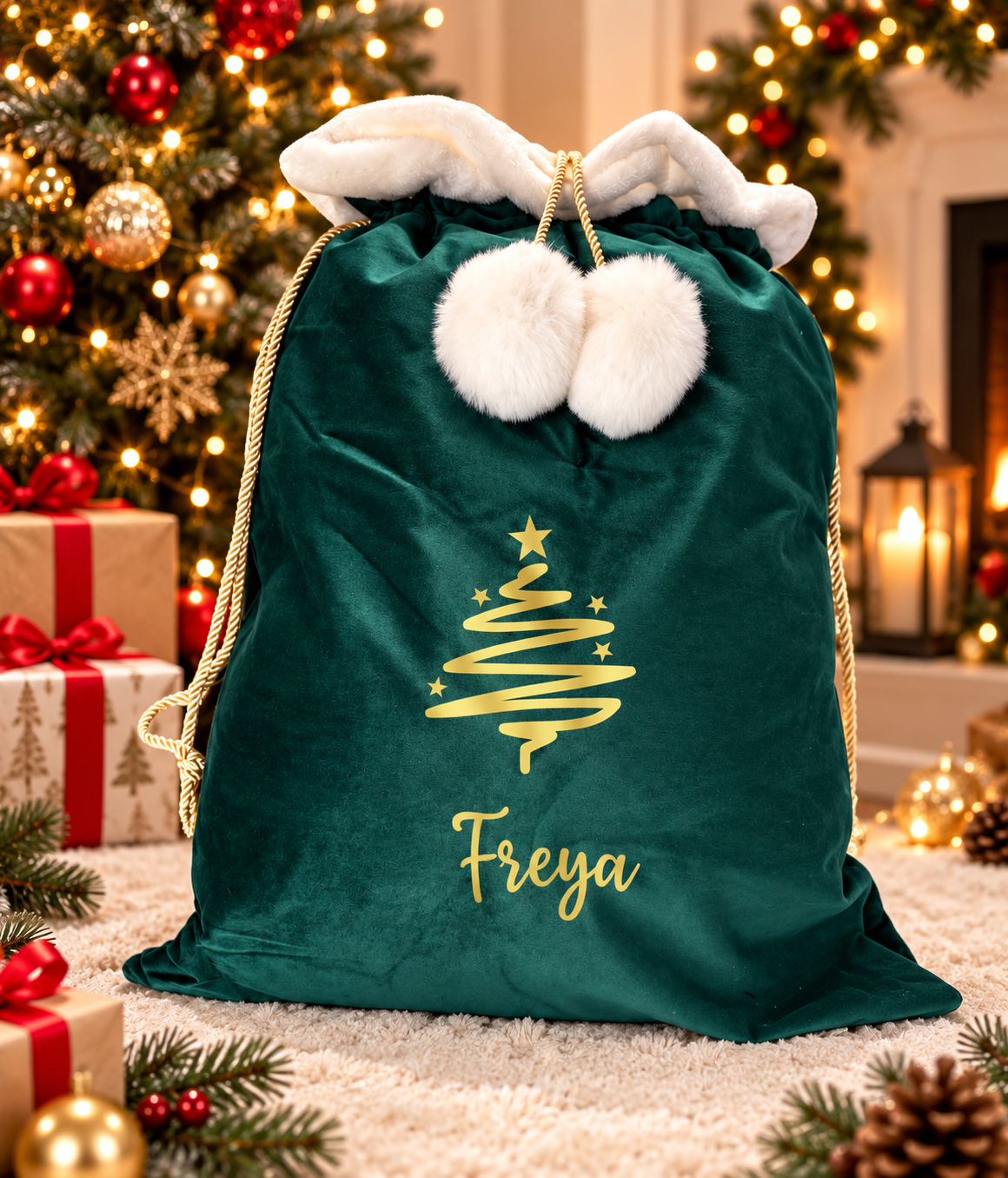 Christmas Velvet Personalised Santa Sack, Christmas Eve Gifts Presents, Christmas Tree with Name