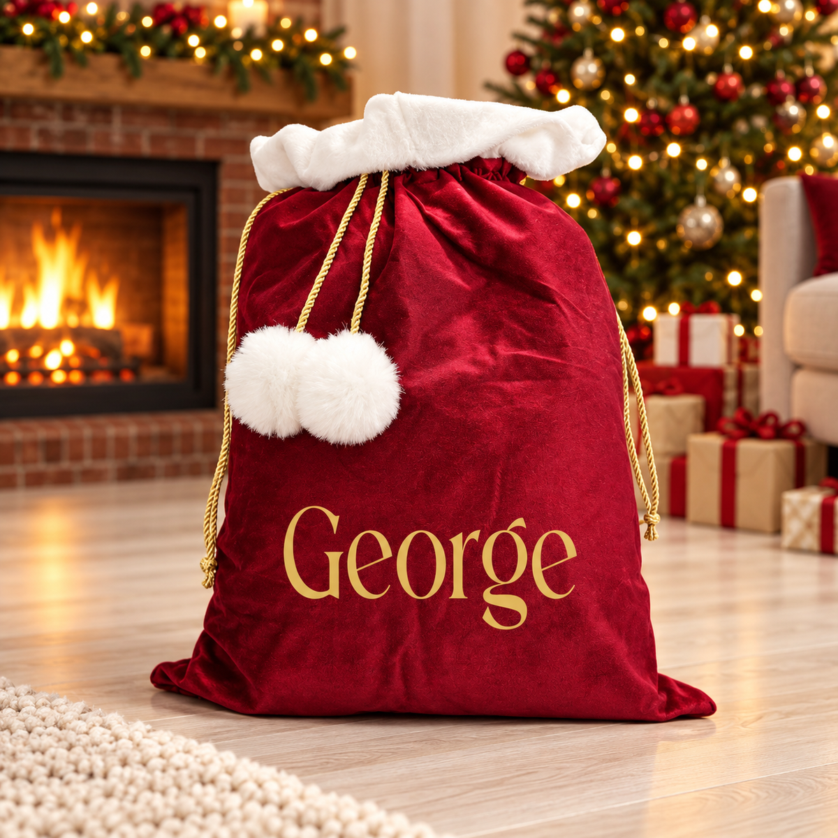 Christmas Velvet Personalised Santa Sack, Stocking, Gifts Presents, Named, Traditional Elf Workshop Font Family Christmas Eve