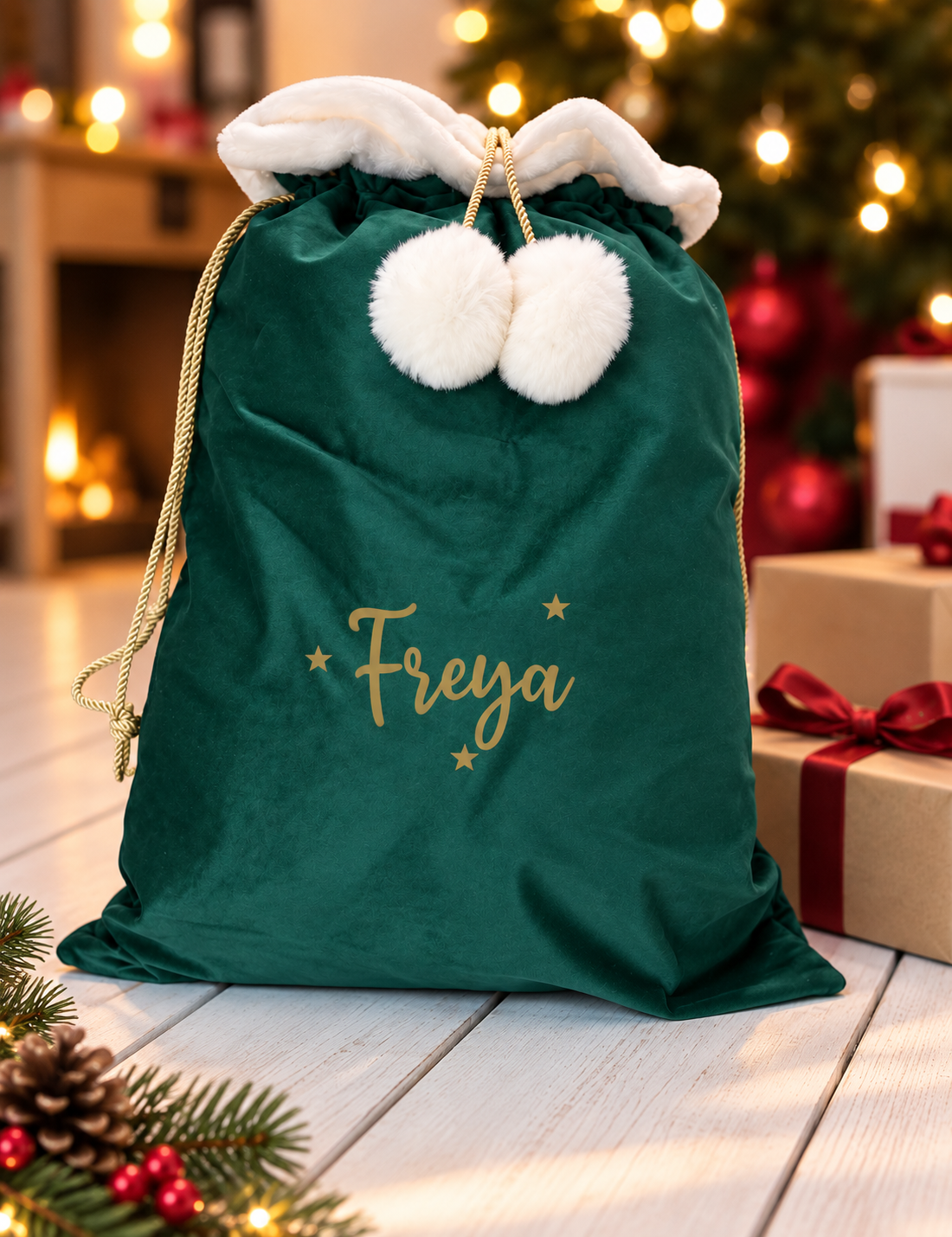 Santa Sack Velvet Christmas Eve Personalised, Presents and Gifts, Stars and Name