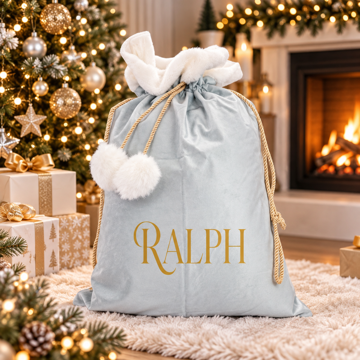 Christmas Velvet Personalised Santa Sack, Stocking, Gifts Presents, Named, Traditional Elf Workshop Font Family Christmas Eve