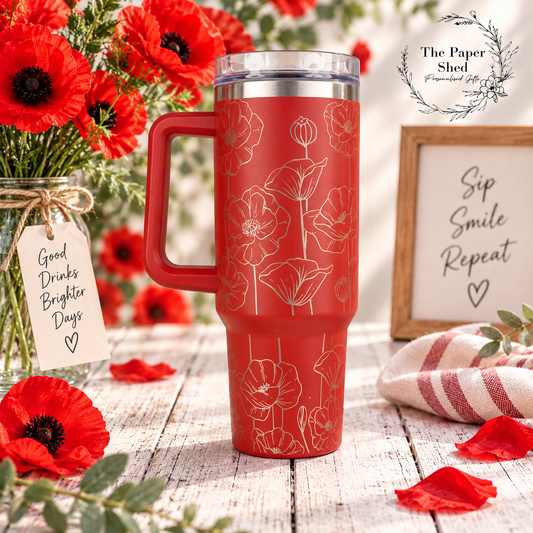 Engraved Poppy Pattern Large Travel Mugs Personalised 40oz Cups Poppies