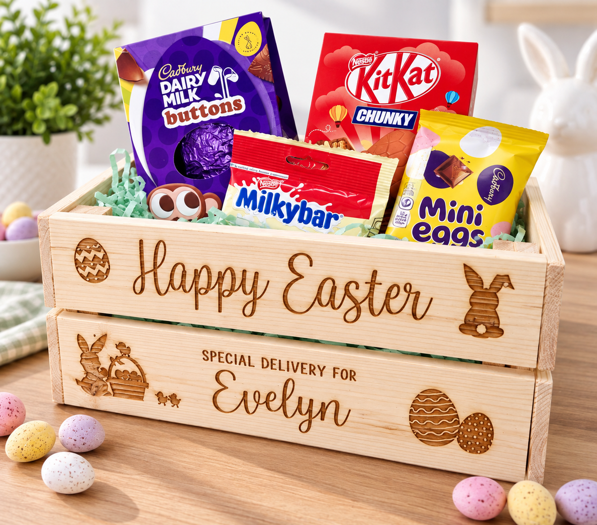 Easter egg wooden box crate personalised and engraved