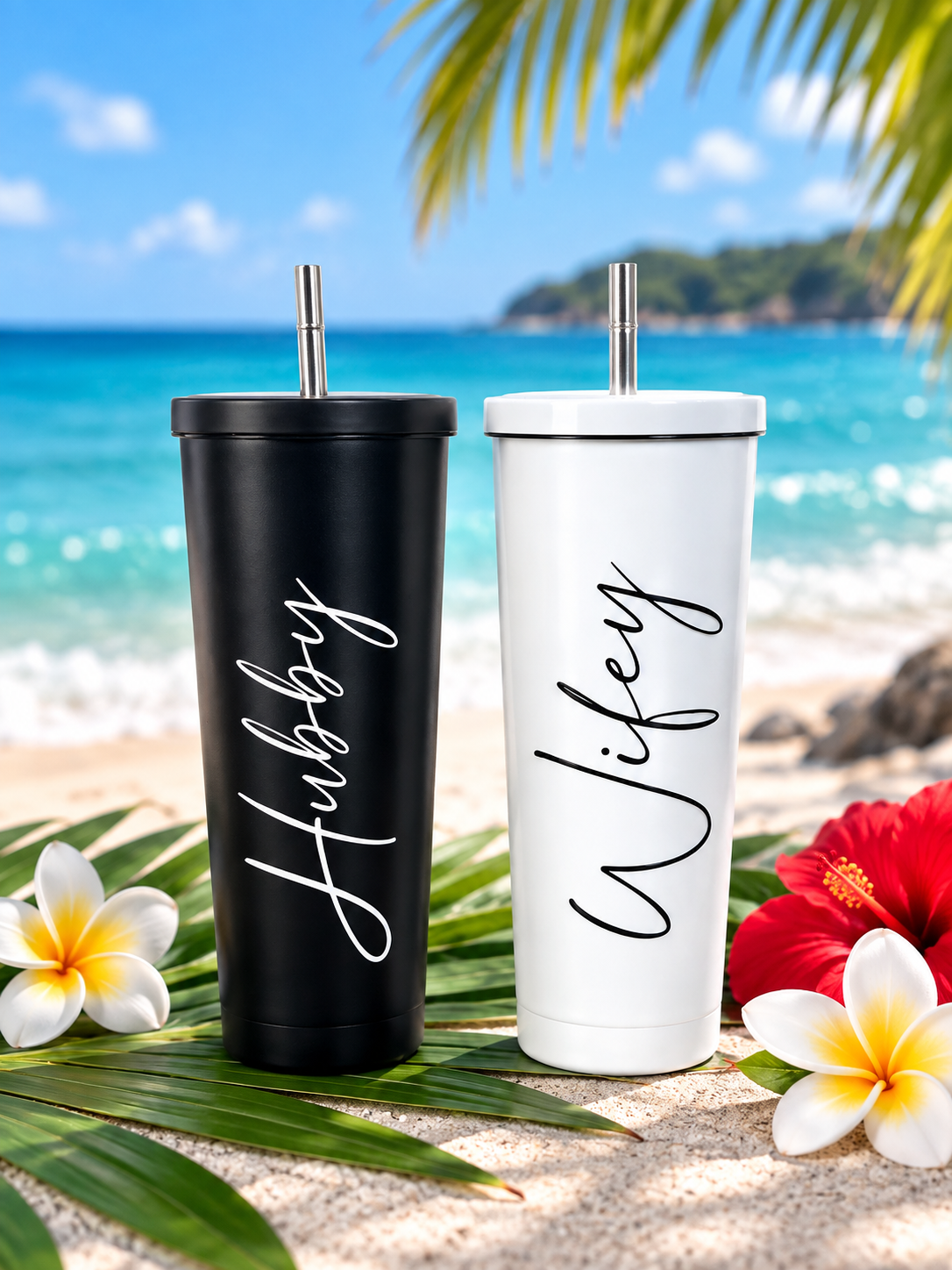 Hubby Wifey Mr Mrs Matching Pastel tall 600ml insulated personalised tumbler with lid and straw metal