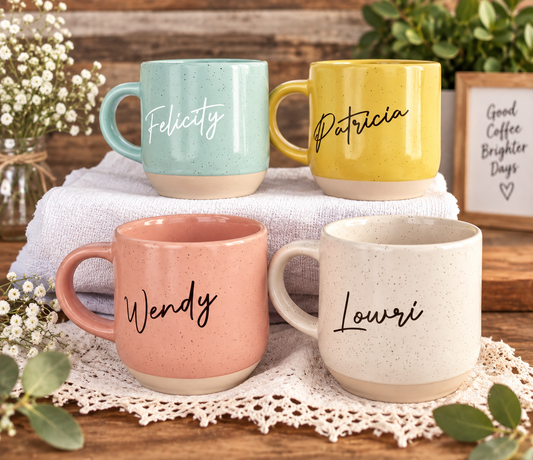 Personalised Hot Drink Mug With Name Speckled Biscuit Base - Mother's Day - Birthday - Valentines - Anniversary - Wedding - Favours