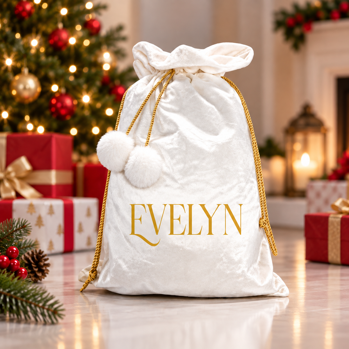 Christmas Velvet Personalised Santa Sack, Stocking, Gifts Presents, Named, Traditional Elf Workshop Font Family Christmas Eve