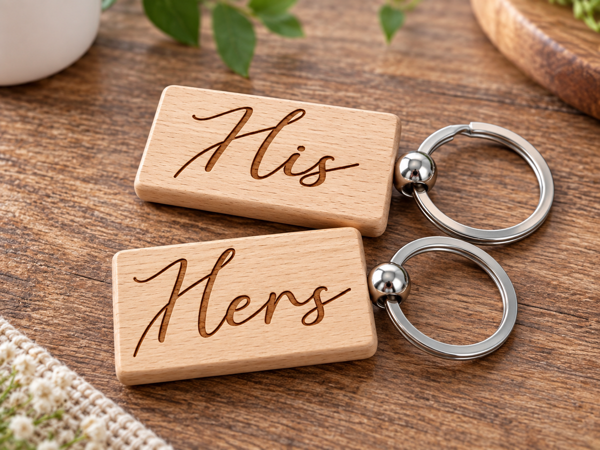 His and hers wooden engraved keyring