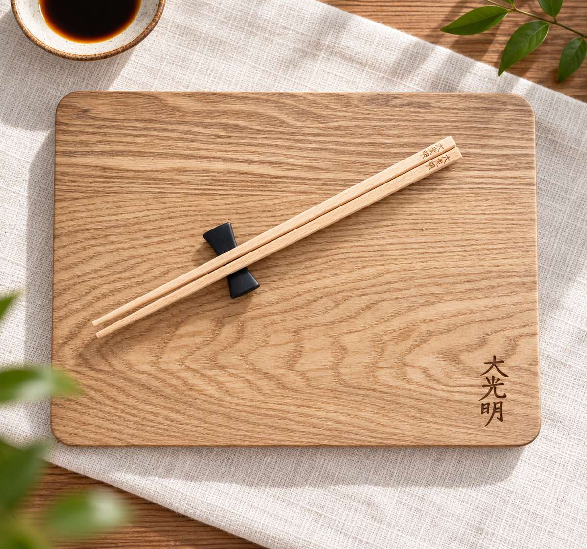 Engraved personalised wooden placemats and chopsticks set holder Asian, Chinese, Korean, Japanese, Thai, Filipino characters, symbols
