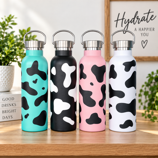 Cow Print Milk Churn Thermal Bottle 750ml Stainless Steel Thermos Flask Drinks Bottle Present, fun gift