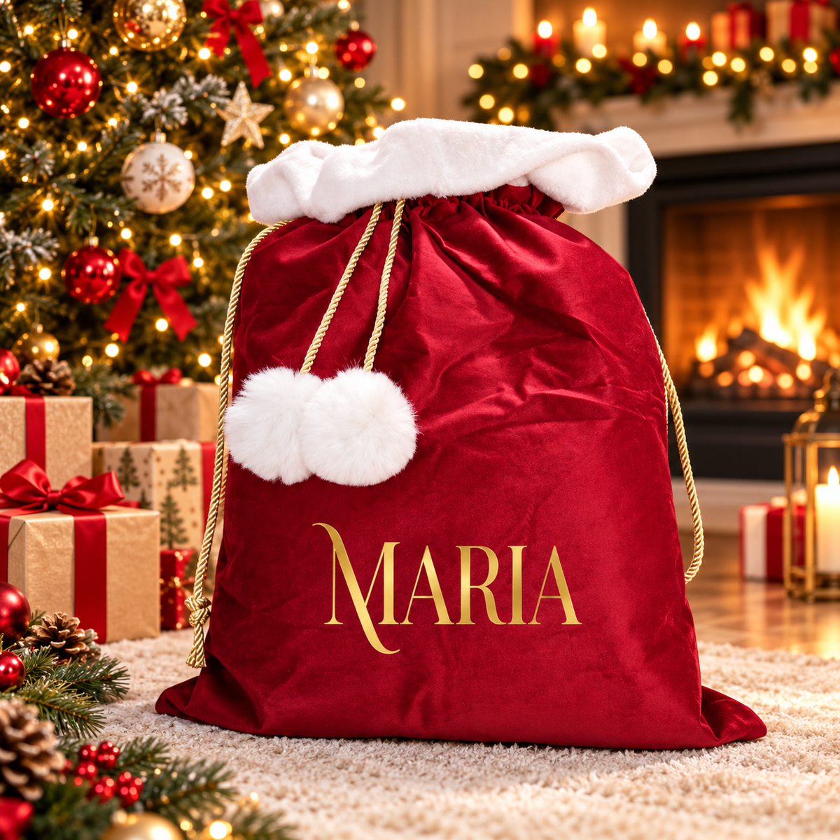Christmas Velvet Personalised Santa Sack, Stocking, Gifts Presents, Named, Traditional Elf Workshop Font Family Christmas Eve