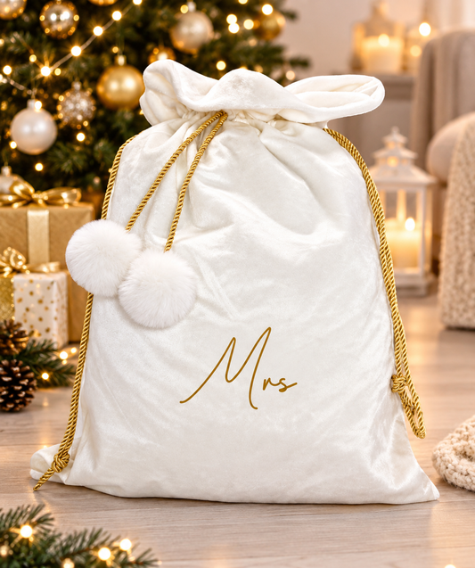 Christmas Santa Sacks PAIR Velvet Luxury Mr & Mrs Couple Engagement Married Presents Gift 2 x Sacks