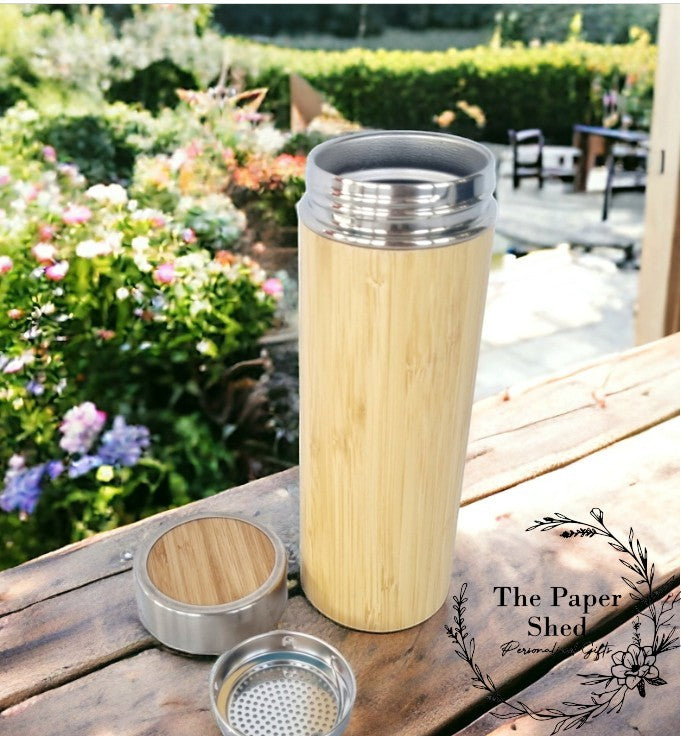 Personalised name thermal water bottle engraved bamboo thermos flask