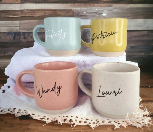 Personalised Hot Drink Mug With Name Speckled Biscuit Base - Mother's Day - Birthday - Valentines - Anniversary - Wedding - Favours