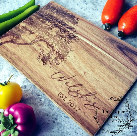 Couples new home personalised family chopping Board wooden engraved tree