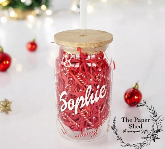 Personalised Coffee Can Shaped Glass with Bamboo Lid and glass Straw, Iced Coffee Glass, 12oz Cup, Lid and Straw, Christmas Candy Cane