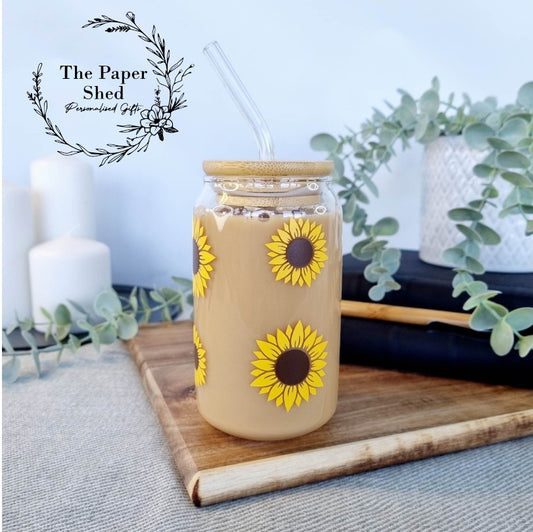 Sunflower Coffee Can Shaped Glass with Bamboo Lid and glass Straw, Iced Coffee Glass, 12oz Cup, with Lid and Straw, Coffee Lovers Gift