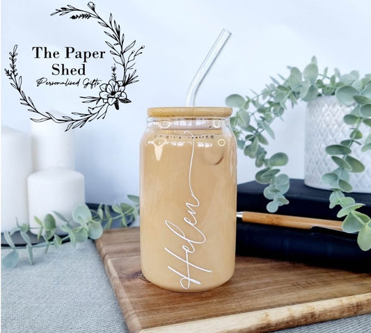 Personalised Coffee Can Shaped Glass with Bamboo Lid and glass Straw, Iced Coffee Glass, 12oz Cup, Lid and Straw, Coffee Lovers Gift libby