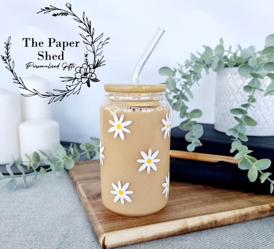 Daisy Coffee Can Shaped Glass with Bamboo Lid and glass Straw, Iced Coffee Glass, 12oz Cup, with Lid and Straw, Coffee Lovers Gift