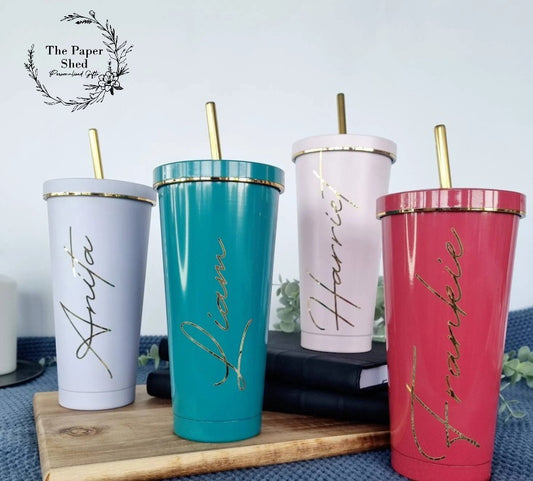 Pastel tall 600ml insulated personalised tumbler with Gold Rim lid and straw cold cup