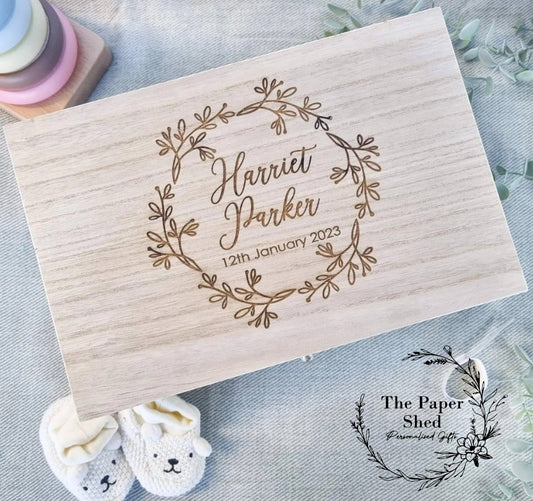 Baby Memory Keepsake Box Daisy Leaf Wreath