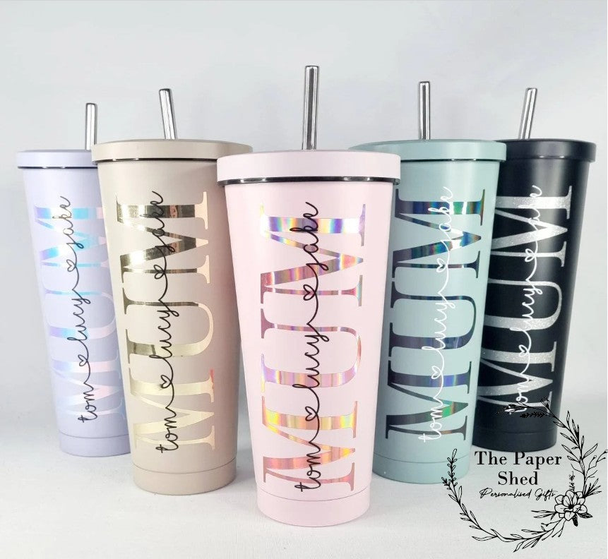 Mother's day Pastel tall 600ml insulated personalised tumbler with lid and straw mum mummy gift
