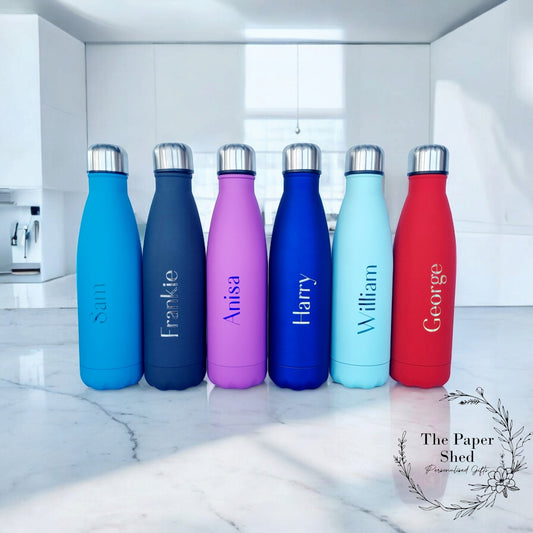 500ml Thermal Personalised Name Water Bottle Metallic Writing School Version 1 V1 Bold Font