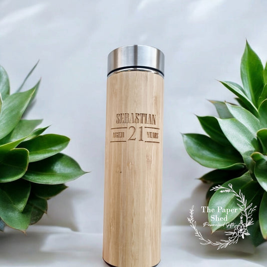 Engraved personalised bamboo wooden thermal drink flask age