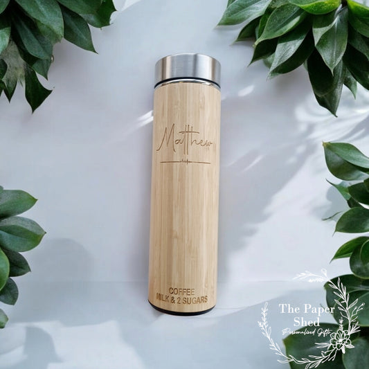 Engraved personalised bamboo wooden thermal drink flask age Script
