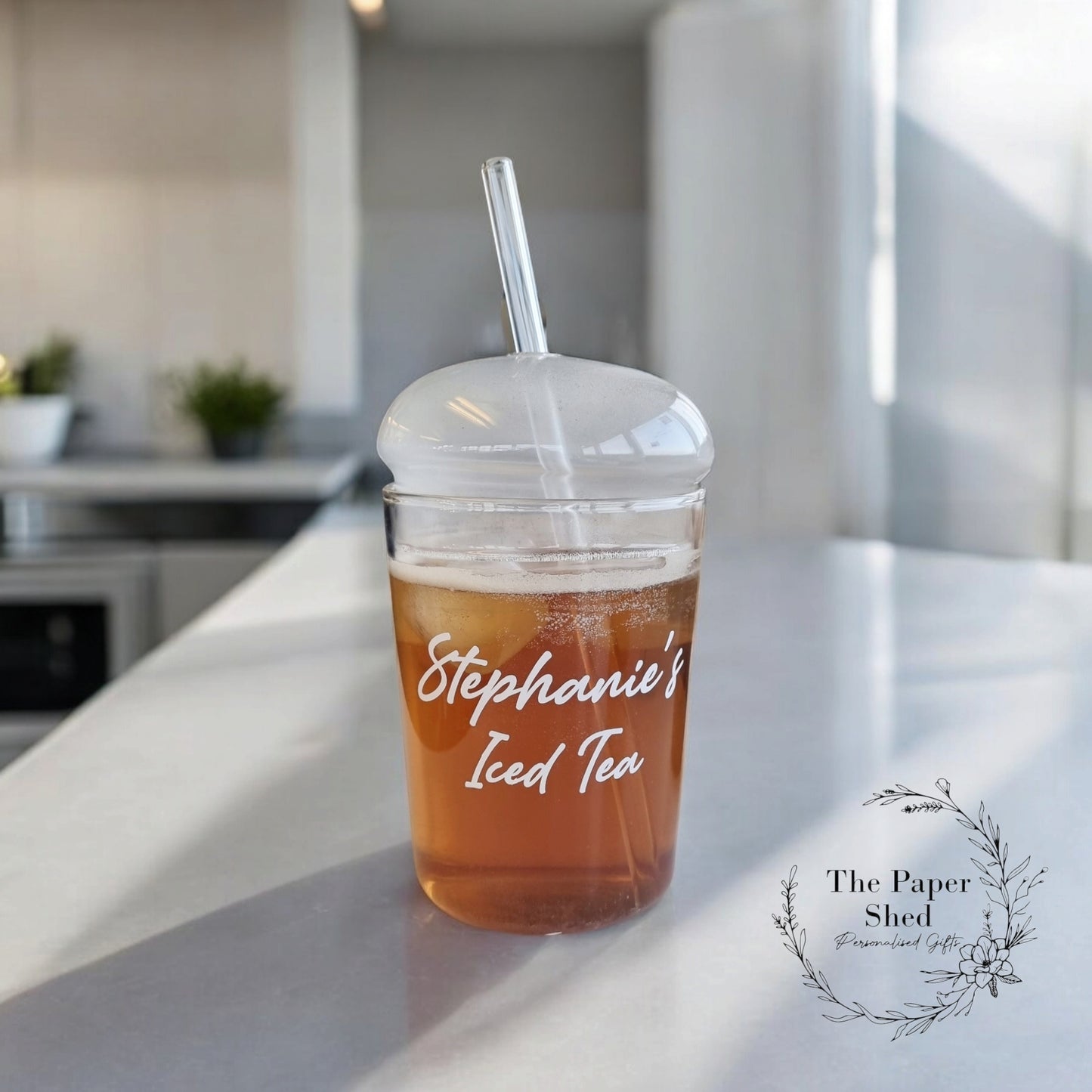 Glass Dome Lid Cup With Straw Personalised With Name