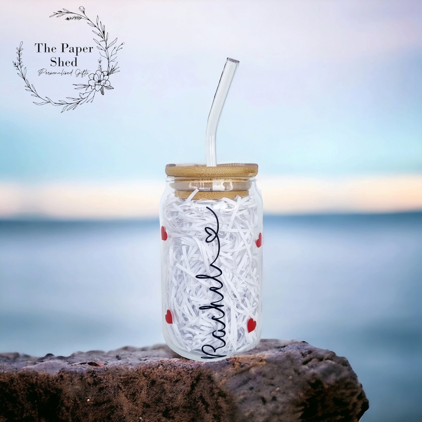 Heart Coffee Can Shaped Glass with Bamboo Lid and glass Straw, Iced Coffee Glass, 12oz Cup, with Lid and Straw, Coffee Lovers Gift Valentine