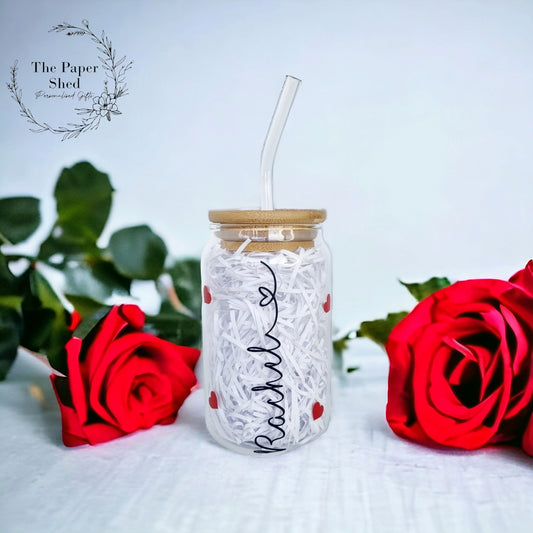 Heart Coffee Can Shaped Glass with Bamboo Lid and glass Straw, Iced Coffee Glass, 12oz Cup, with Lid and Straw, Coffee Lovers Gift Valentine