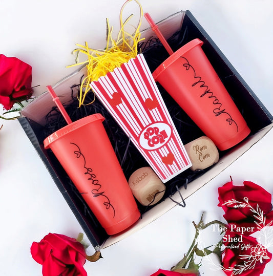Valentines Special - Personalised Movie/Film night / date night/ hamper, box, popcorn, name, cinema, tumbler, drink, cup, dice, couple gift