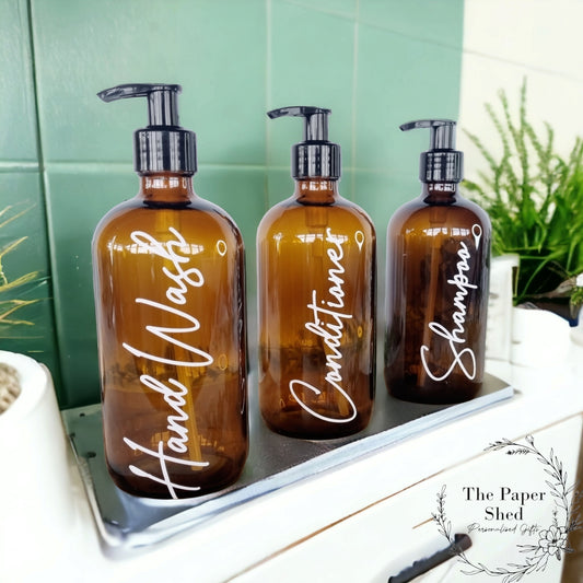 Brown Glass Pump Bottles Hand Wash Bathroom