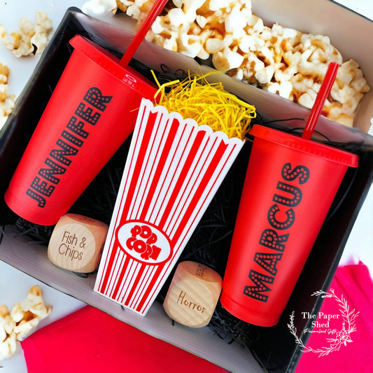 Personalised Movie/Film night / date night/ hamper, box, popcorn, name, cinema, tumbler, drink, cup, dice, couple gift, birthday, dice