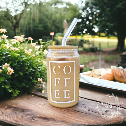 Coffee Can Shaped Glass with Bamboo Lid and glass Straw, Iced Coffee Glass, 12oz Cup, with Lid and Straw, Coffee Lovers Gift