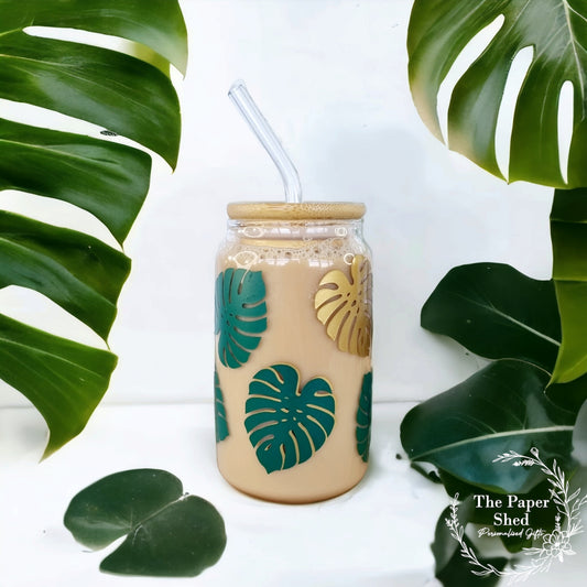 Leaf Coffee Can Shaped Glass with Bamboo Lid and glass Straw, Iced Coffee Glass, 12oz Cup, with Lid and Straw, Coffee Lovers Gift