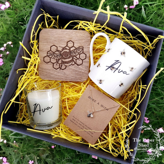 Personalised - Gift Set - Birthday Present - For Her - Birthday - Hamper Bumble Bee  Themed - Bee Flowers