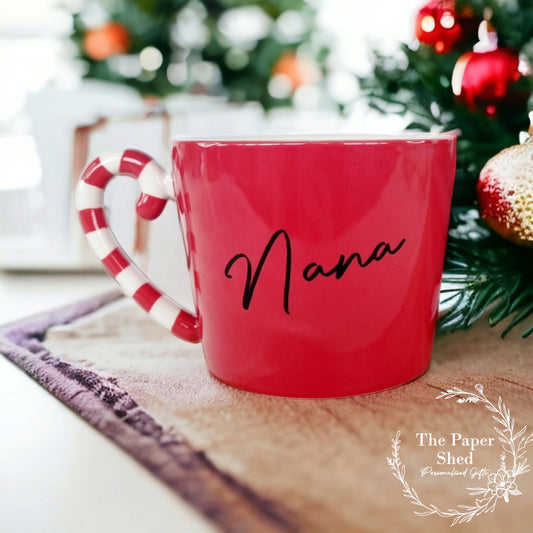 Personalised drink mug with name christmas candy cane