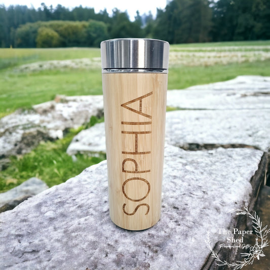 Personalised name thermal water bottle engraved bamboo thermos flask