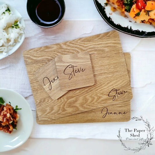 Engraved personalised wooden placemats and drinks coaster sets