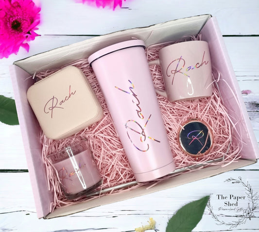 Personalised - Gift Set - Birthday Present - For Her- Hamper - Purple - Pink - Green - Gold - Beige - Black - Silver - Mug - Candle -  Bride - script
