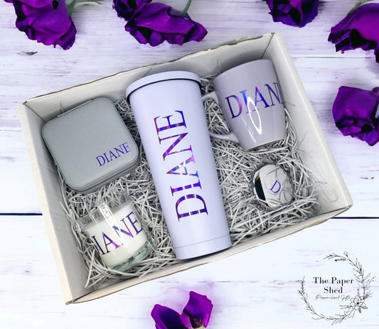 Personalised - Gift Set - Birthday Present - For Her- Hamper - Purple - Pink - Green - Gold - Beige - Black - Silver - Mug - Candle - Mirror