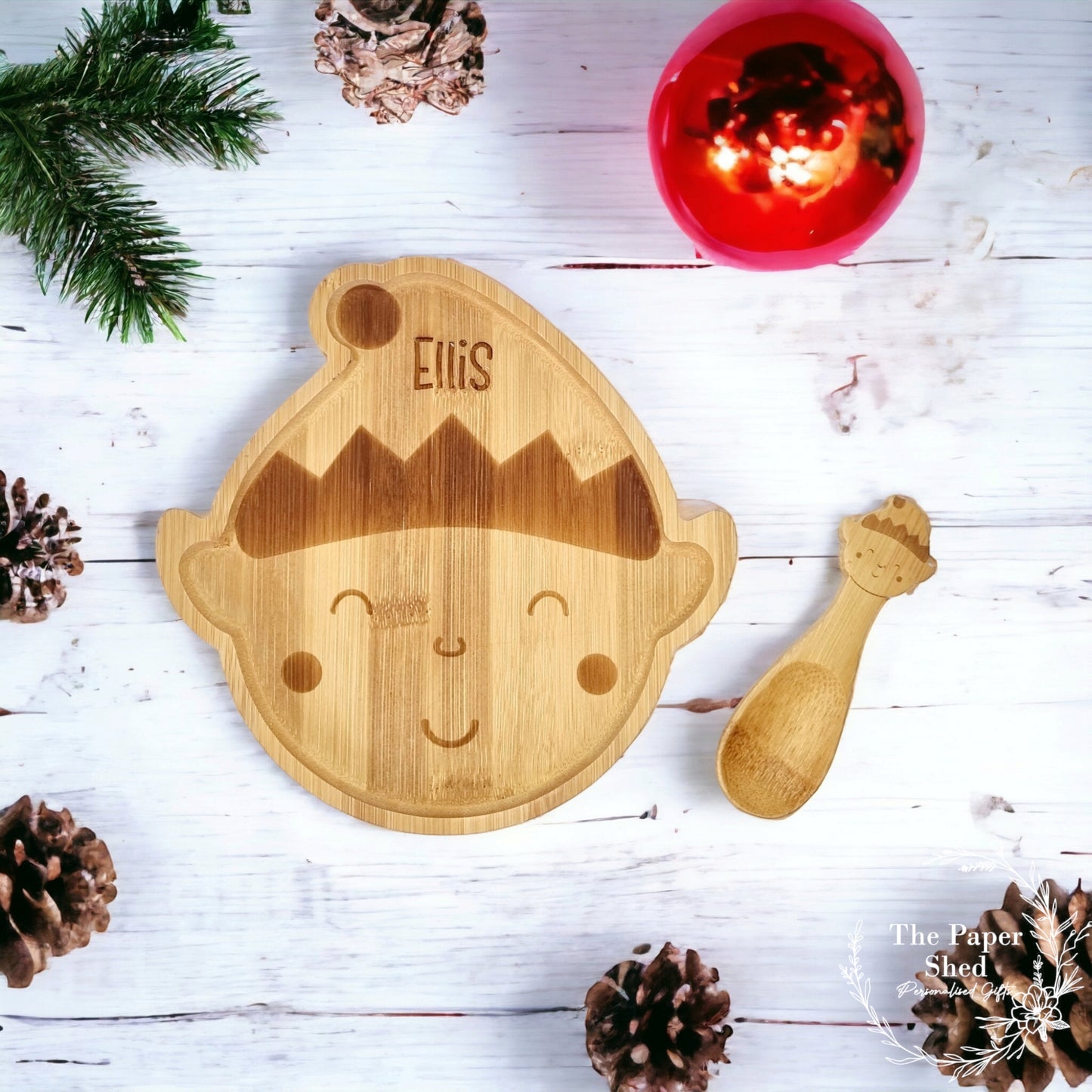 Wooden Engraved Christmas Plate Bamboo Santa Reindeer Elf