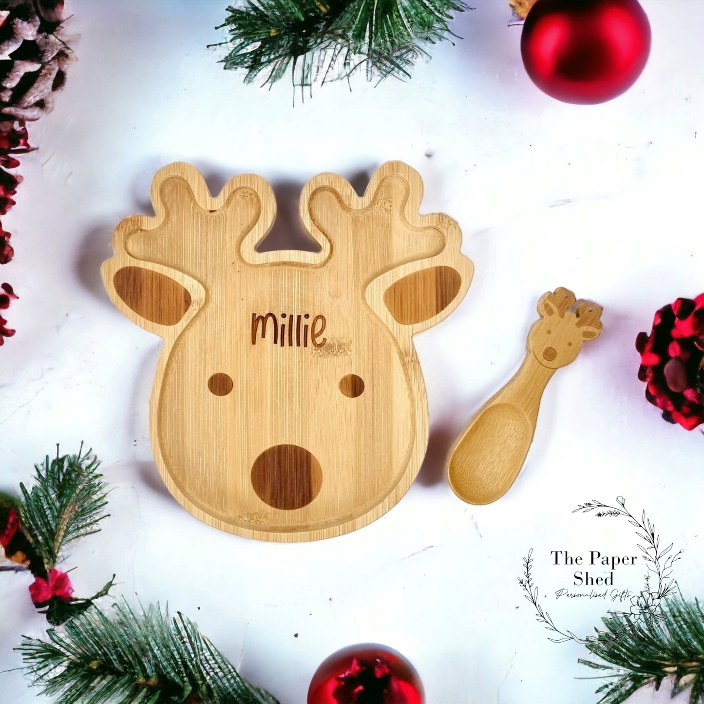 Wooden Engraved Christmas Plate Bamboo Santa Reindeer Elf