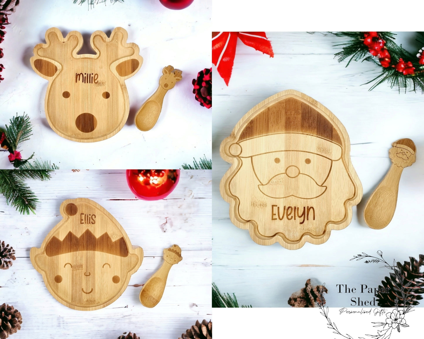 Wooden Engraved Christmas Plate Bamboo Santa Reindeer Elf