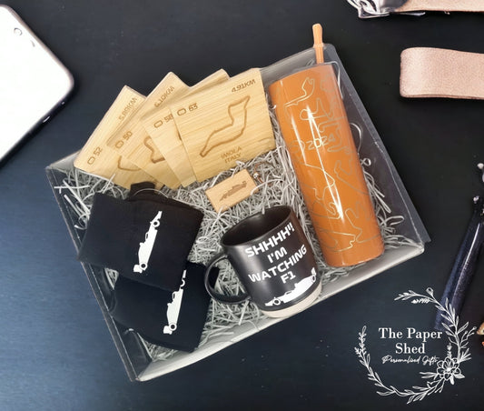 F1 inspired hamper gift set Silverstone Bottle Tumbler With Straw Personalised Engraved Tracks Formula