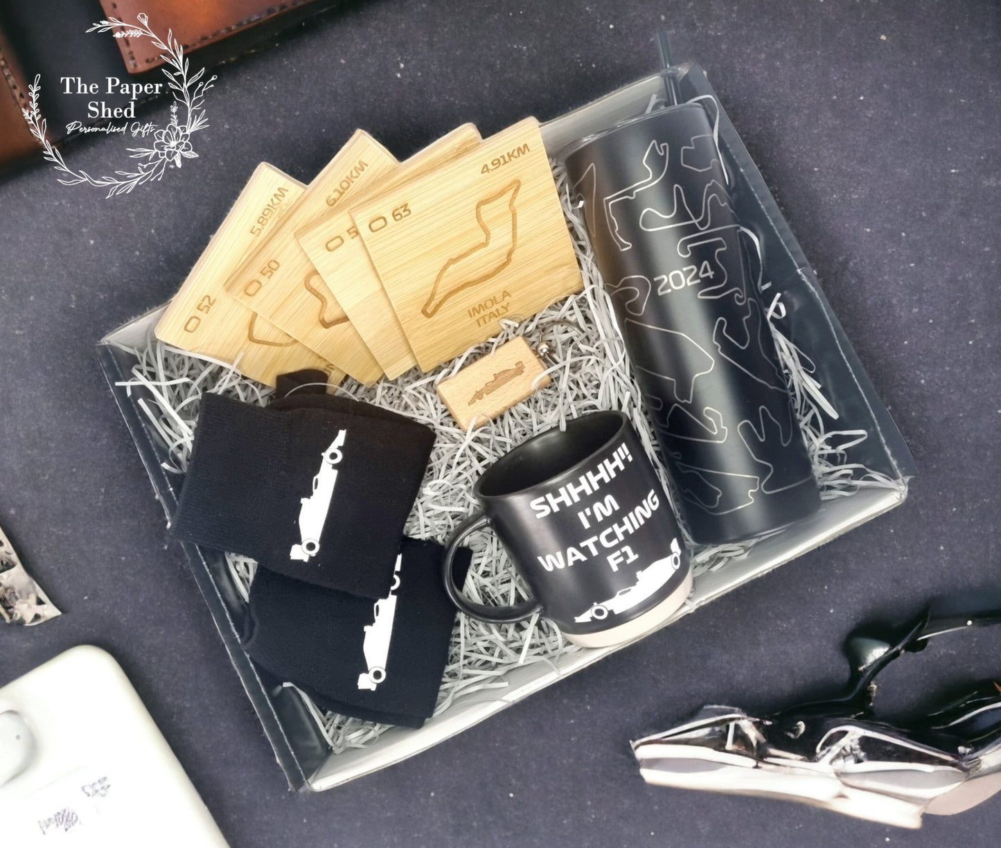 F1 inspired hamper gift set Silverstone Bottle Tumbler With Straw Personalised Engraved Tracks Formula