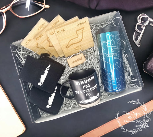 F1 inspired Gift Hamper Coffee Mug Cup Bottle Tumbler Personalised Engraved Tracks Formula Silverstone