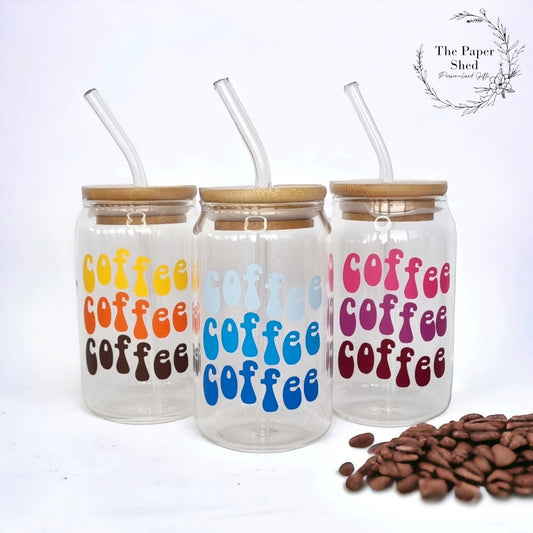 Coffee Can Shaped Glass with Bamboo Lid and glass Straw, Iced Coffee Glass, 12oz Cup, with Lid and Straw, Coffee Lovers Gift