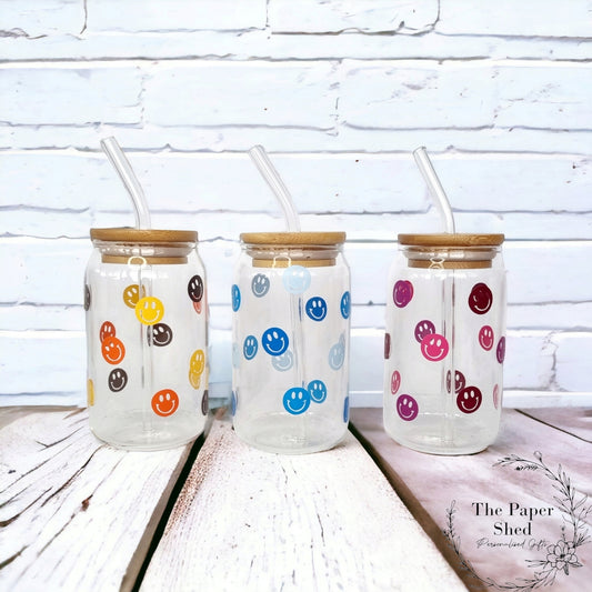 Smiley face Coffee Can Shaped Glass with Bamboo Lid and glass Straw, Iced Coffee Glass, 12oz Cup, with Lid and Straw, Coffee Lovers Gift