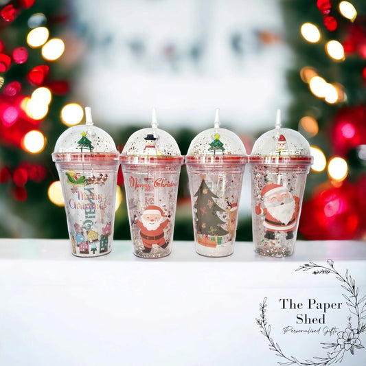 Christmas personalised tumbler with straw snowglobe